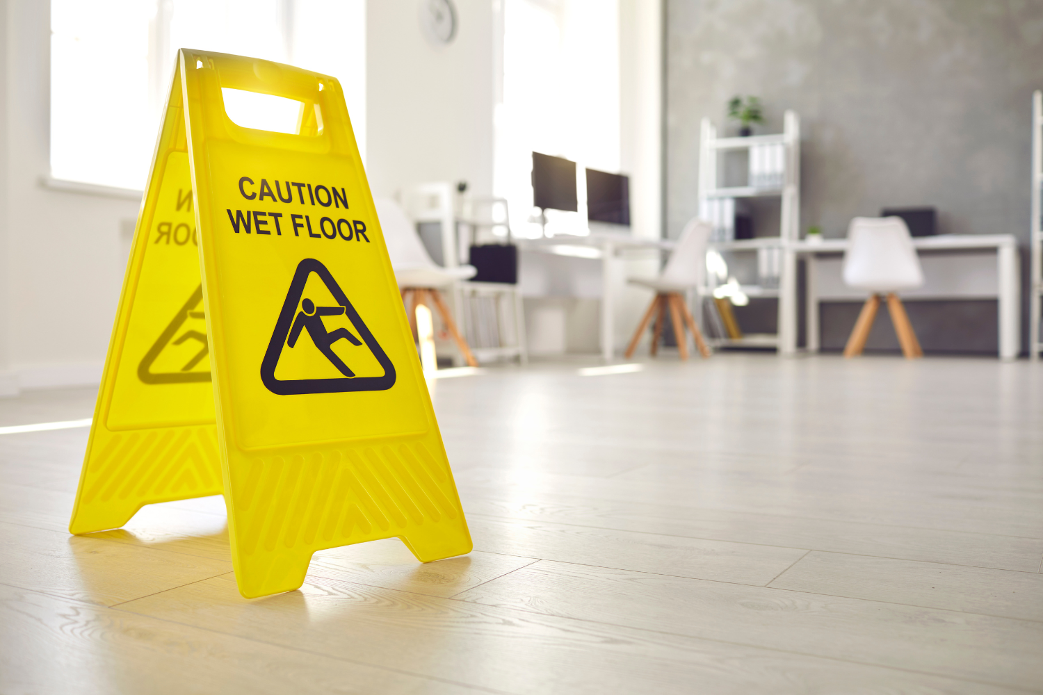 Wet floor sign in an office